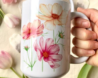Cosmos flower coffee mug, floral bouquet illustration mug, watercolor botanical art, sublimation printing, Katrinn Pelletier