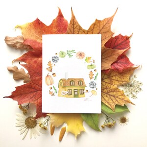 Carte de voeux maison automne | carte de souhait laine citrouille | Halloween | feuilles | Dessin aquarelle | Katrinn pelletier 画像 3
