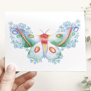 Carte papillon myosotis, Illustration aquarelle pastel papillon, carte florale insecte, carte sans message, Katrinn Pelletier