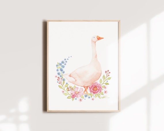 Affiche oie blanche florale, illustration art aquarelle, fleurs rose pivoine, décoration murale enfant, chambre bébé, Katrinn Illustration