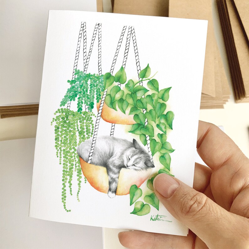 Carte de souhait chat qui dort, carte de voeux chaton plantes d'intérieur , illustration animal, botanique, anniversaire, Katrinn Pelletier imagem 2