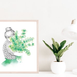Affiche fille bouquet d'eucalyptus, illustration aquarelle tricot laine , art dessin , cadeau , décoration murale, Katrinn Pelletier image 5