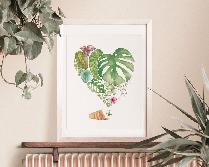 Houseplant heart poster, botanical leaf illustration, watercolor art, gift drawing, wall decoration, Katrinn Pelletier image 6