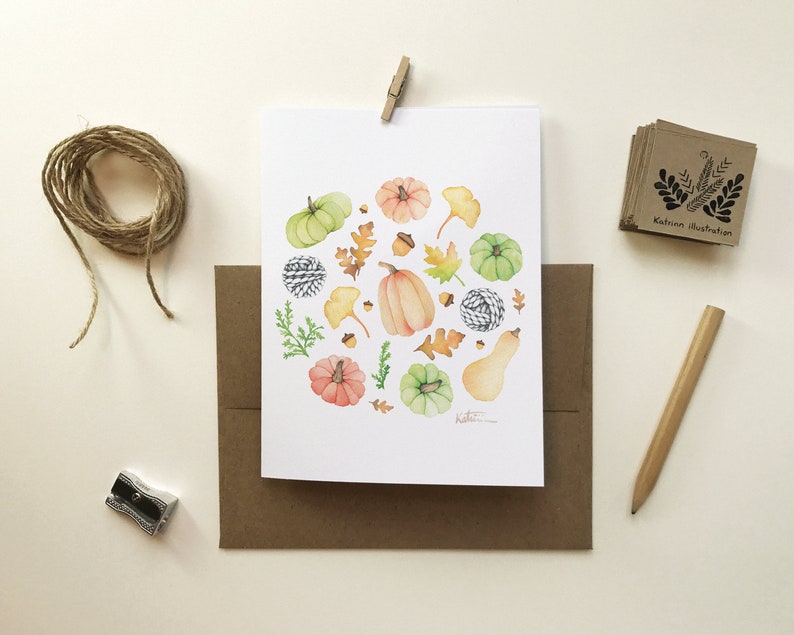 Carte de voeux citrouille automne | carte de souhait laine courges | Halloween | feuilles | Dessin aquarelle | Katrinn pelletier image 6