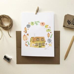 Carte de voeux maison automne | carte de souhait laine citrouille | Halloween | feuilles | Dessin aquarelle | Katrinn pelletier 画像 6