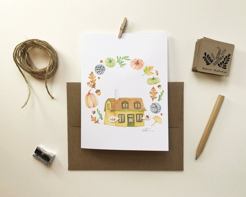 Carte de voeux maison automne | carte de souhait laine citrouille | Halloween | feuilles | Dessin aquarelle | Katrinn pelletier 画像 6
