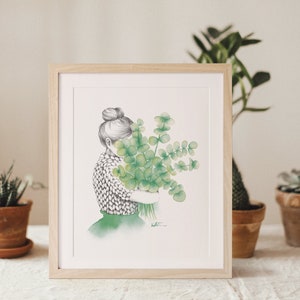 Affiche fille bouquet d'eucalyptus, illustration aquarelle tricot laine , art dessin , cadeau , décoration murale, Katrinn Pelletier image 2