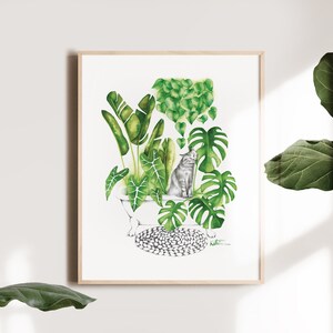 Cat poster, indoor jungle plants, botanical illustration, kitten watercolor art, gift drawing, wall decoration, Katrinn Pelletier image 6
