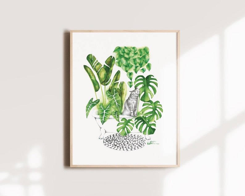 Cat poster, indoor jungle plants, botanical illustration, kitten watercolor art, gift drawing, wall decoration, Katrinn Pelletier image 1