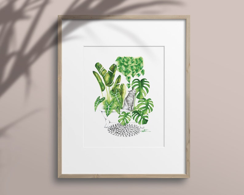 Cat poster, indoor jungle plants, botanical illustration, kitten watercolor art, gift drawing, wall decoration, Katrinn Pelletier image 5