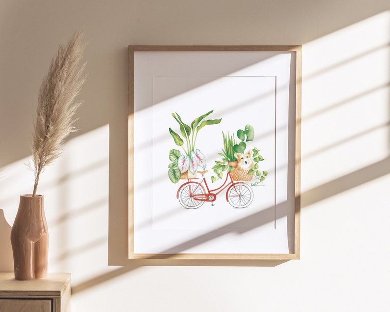 Affiche vélo plantes d'intérieur et chien, illustration petit Corgi , animal, art aquarelle, dessin, décoration murale, Katrinn Pelletier image 7