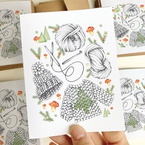 Carte de Noël tricots sapins champignons , illustration laine chandail tuque, carte de voeux des fêtes, papeterie, Québec, Katrinn Pelletier image 2