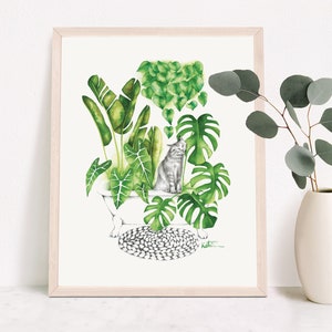 Cat poster, indoor jungle plants, botanical illustration, kitten watercolor art, gift drawing, wall decoration, Katrinn Pelletier image 4