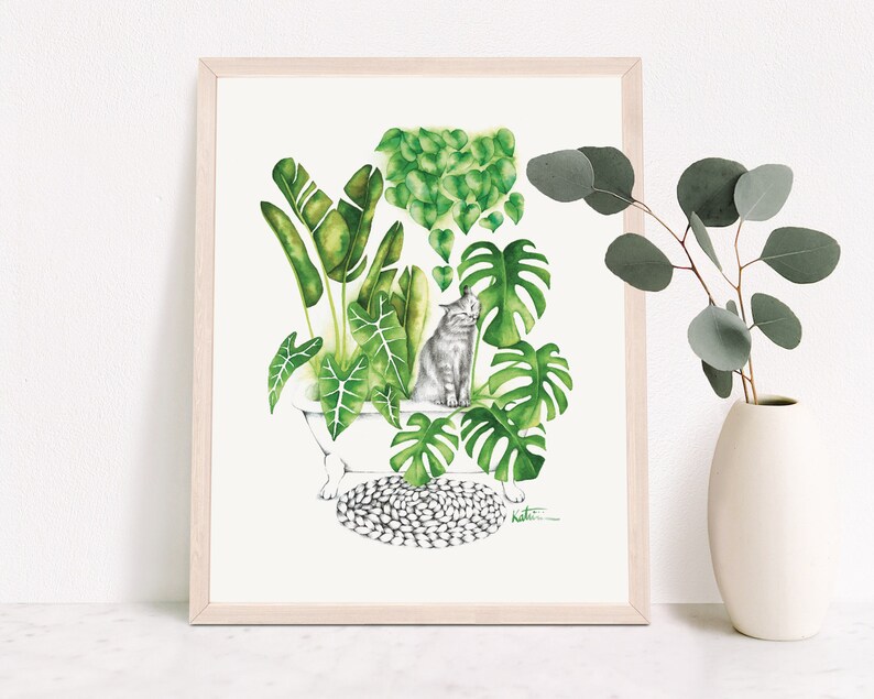 Cat poster, indoor jungle plants, botanical illustration, kitten watercolor art, gift drawing, wall decoration, Katrinn Pelletier image 4