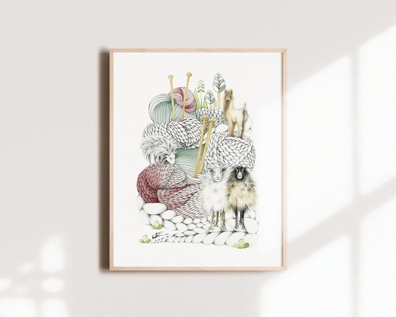 Wool and animal mountain poster, goat alpaca sheep illustration, comforting drawing wall art, nature lover, Katrinn Pelletier image 1