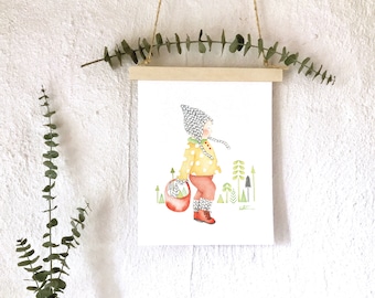 Poster 8 x 10 | Child snowman Christmas tree | illustration art watercolor | decoration child baby room | knitting | Katrinn Pelletier
