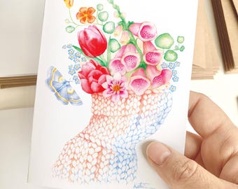 Floral greeting card floral head, Flowers and knitted collar greeting card, Watercolor illustration of flowers and butterfly, Katrinn Pelletier
