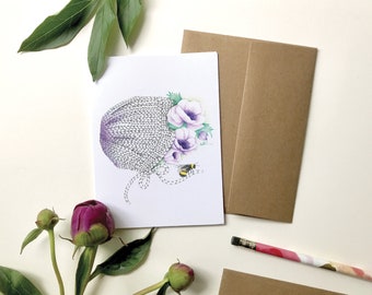 Tarjeta de felicitación con gorro tejido con flores de anémonas, tarjeta de felicitación con deseos para bebés, arte de acuarela boho, sin texto, Katrinn Pelletier