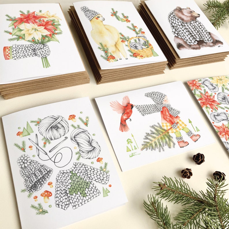 Carte de Noël tricots sapins champignons , illustration laine chandail tuque, carte de voeux des fêtes, papeterie, Québec, Katrinn Pelletier image 5