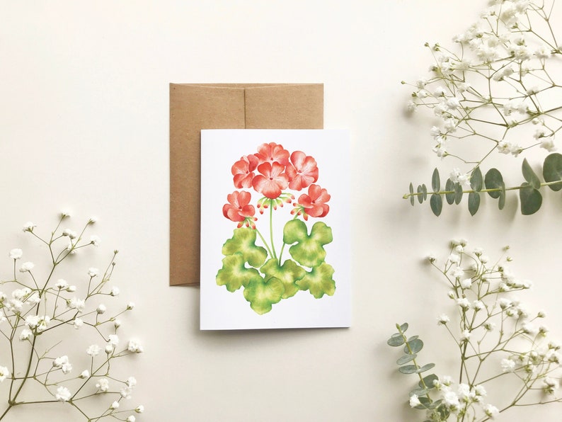 Carte de souhait fleur Géranium, carte de voeux florale, art aquarelle, pastel, carte toutes occasions, papeterie, Katrinn Pelletier immagine 1