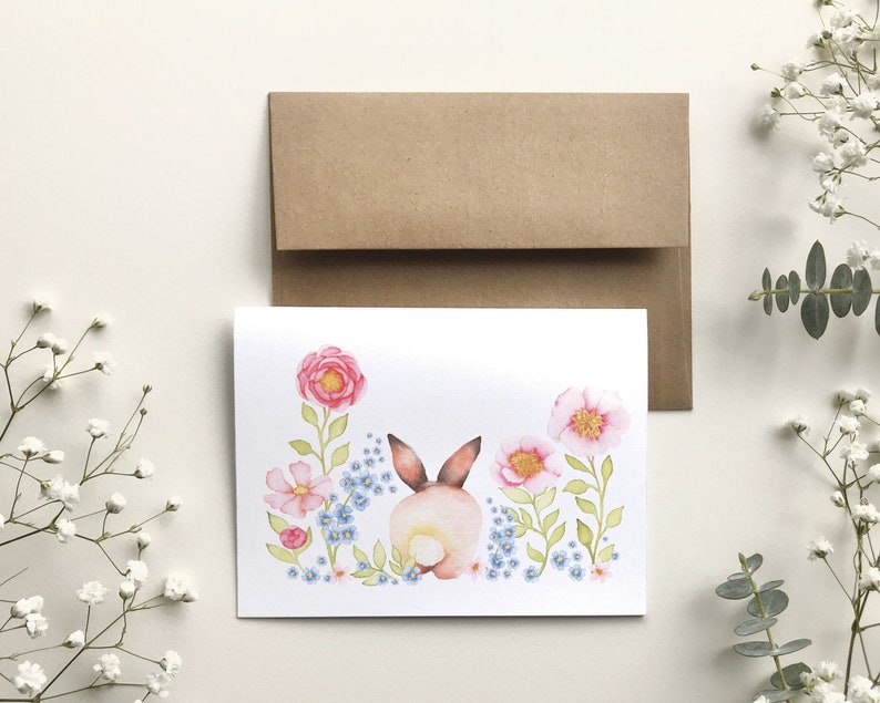 Carte de souhait lapin de dos, carte de voeux jardin de fleurs, sans texte, portrait animaux aquarelle, anniversaire, Katrinn Pelletier zdjęcie 1