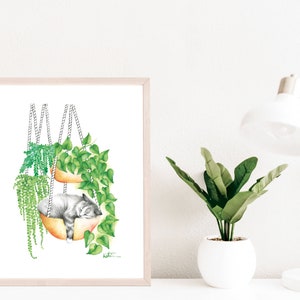 Sleeping cat poster, indoor plants, animal portrait illustration, kitten watercolor art, drawing, wall decoration, Katrinn Pelletier image 4