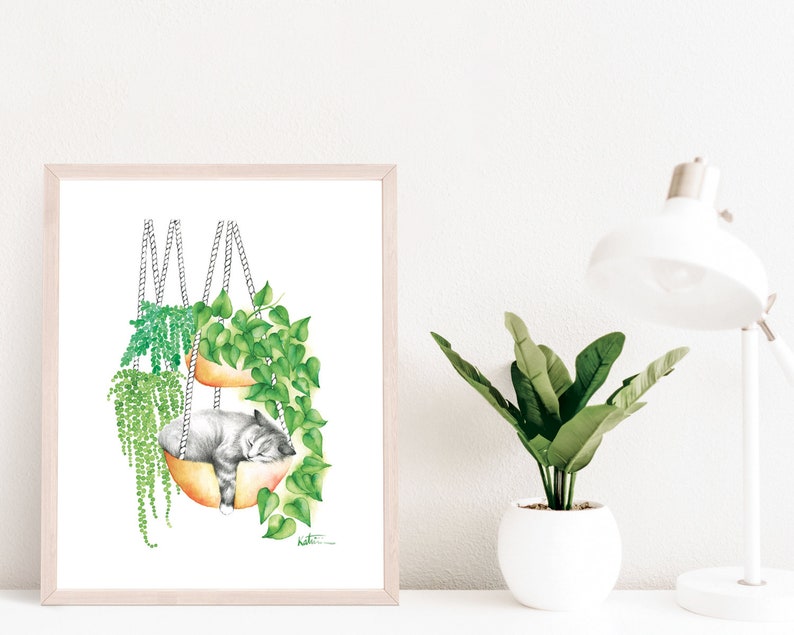 Sleeping cat poster, indoor plants, animal portrait illustration, kitten watercolor art, drawing, wall decoration, Katrinn Pelletier image 4