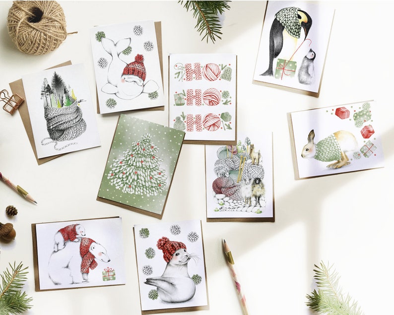 Carte de souhait Ho Ho Ho, carte de Noël, tricot balles de laine, joyeux Noël, joyeuses fêtes, cadeaux de Noël, Katrinn Pelletier image 3