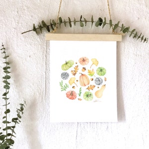 Affiche citrouilles et courges / illustration automne Halloween  / aquarelle dessin automne / Décoration murale / art  / Katrinn Pelletier