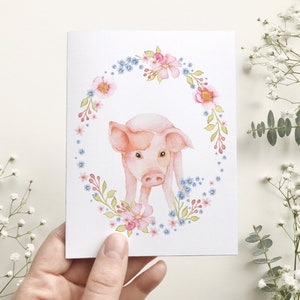 Carte de souhait petit cochon, carte de voeux ferme, sans texte, portrait animaux art aquarelle, anniversaire enfant, Katrinn Pelletier image 2