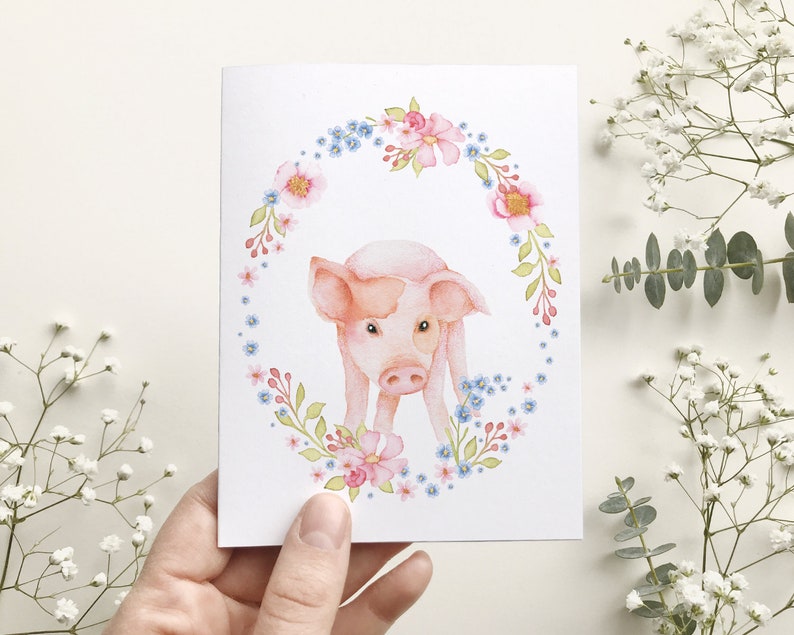 Carte de souhait petit cochon, carte de voeux ferme, sans texte, portrait animaux art aquarelle, anniversaire enfant, Katrinn Pelletier image 2