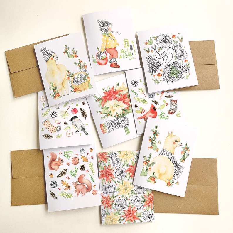 Carte de Noël tricots sapins champignons , illustration laine chandail tuque, carte de voeux des fêtes, papeterie, Québec, Katrinn Pelletier image 6