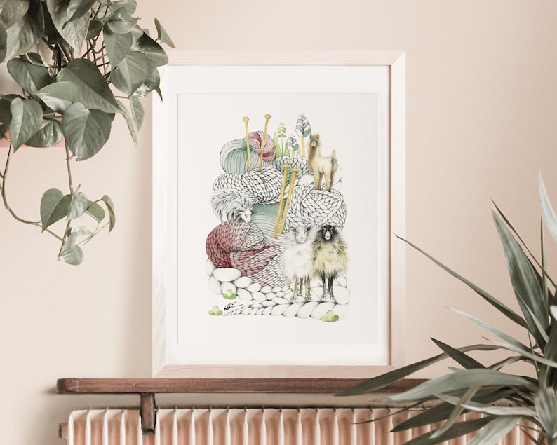 Wool and animal mountain poster, goat alpaca sheep illustration, comforting drawing wall art, nature lover, Katrinn Pelletier image 7