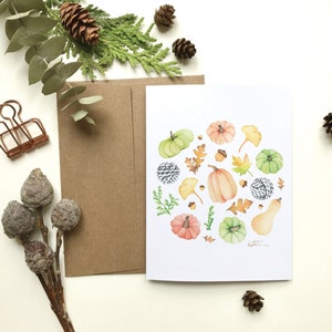 Carte de voeux citrouille automne | carte de souhait laine courges | Halloween | feuilles | Dessin aquarelle | Katrinn pelletier image 1
