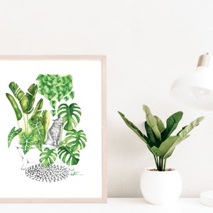 Cat poster, indoor jungle plants, botanical illustration, kitten watercolor art, gift drawing, wall decoration, Katrinn Pelletier image 2