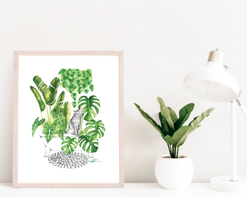 Cat poster, indoor jungle plants, botanical illustration, kitten watercolor art, gift drawing, wall decoration, Katrinn Pelletier image 2