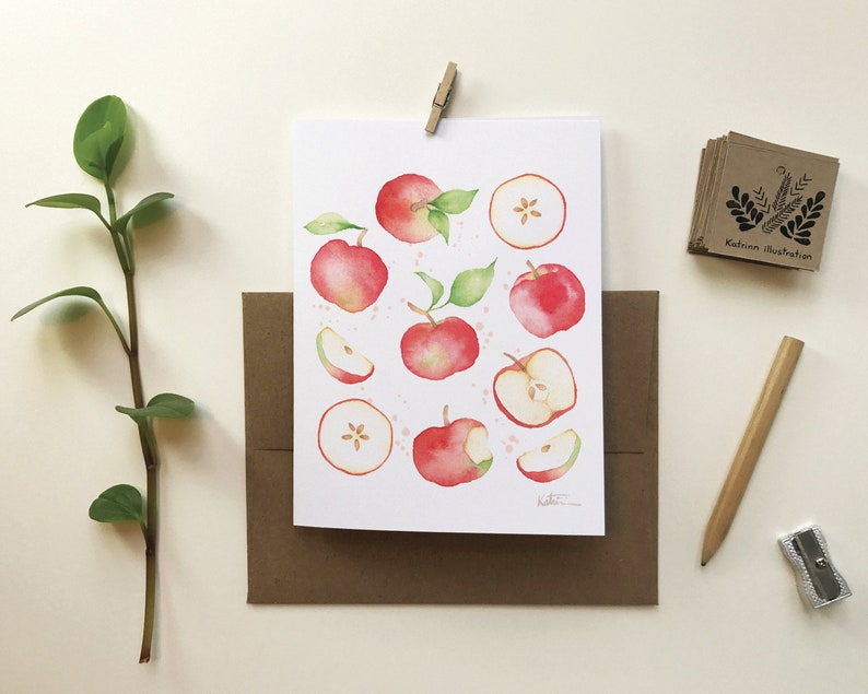 Carte de voeux motif fruité pommes | carte de souhait fruit | fêtes anniversaire | cadeau culinaire | Dessin aquarelle | Katrinn pelletier image 1