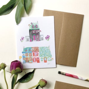 Carte de souhait maisons coquettes arc-en-ciel, illustration aquarelle crayon, carte de voeux, carte sans texte, Katrinn illustration