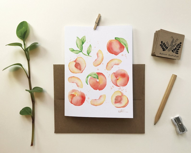 Carte de voeux motif fruité pêches | carte de souhait fruit | fêtes anniversaire | cadeau culinaire | Dessin aquarelle | Katrinn pelletier image 1