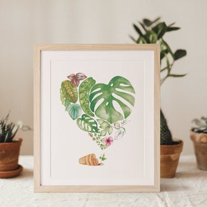 Houseplant heart poster, botanical leaf illustration, watercolor art, gift drawing, wall decoration, Katrinn Pelletier image 2
