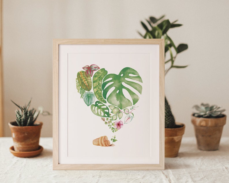 Houseplant heart poster, botanical leaf illustration, watercolor art, gift drawing, wall decoration, Katrinn Pelletier image 2