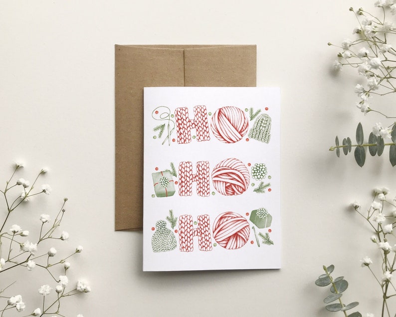 Carte de souhait Ho Ho Ho, carte de Noël, tricot balles de laine, joyeux Noël, joyeuses fêtes, cadeaux de Noël, Katrinn Pelletier image 1