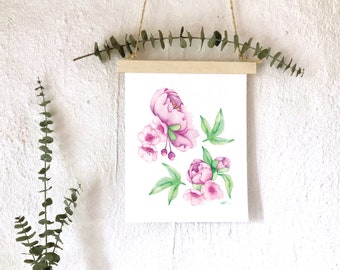 Affiche floral pivoine 8 x 10 / Illustration botanique fleur de cerisier / dessin aquarelle / style Boho / oeuvre de Katrinn Pelletier