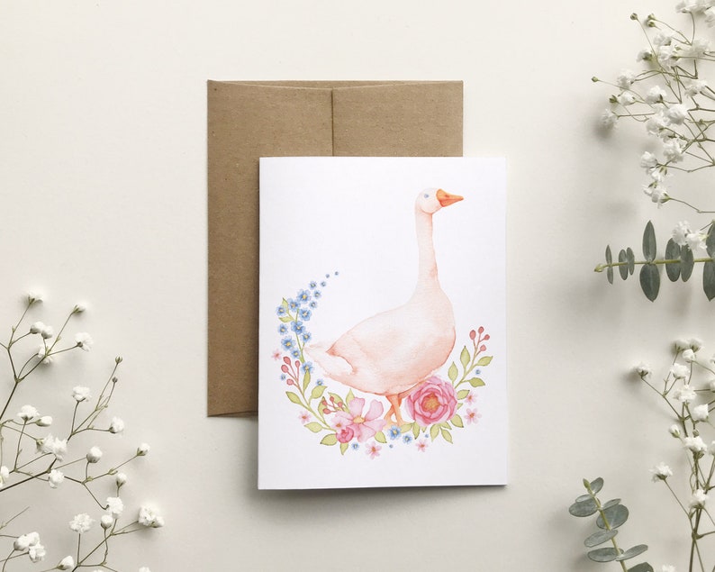 Carte de souhait oie blanche, carte de voeux fleurs, portrait animaux art aquarelle, anniversaire enfant, Katrinn Pelletier image 1