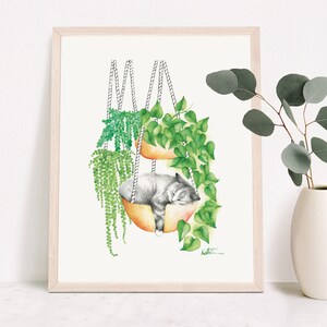 Sleeping cat poster, indoor plants, animal portrait illustration, kitten watercolor art, drawing, wall decoration, Katrinn Pelletier image 3