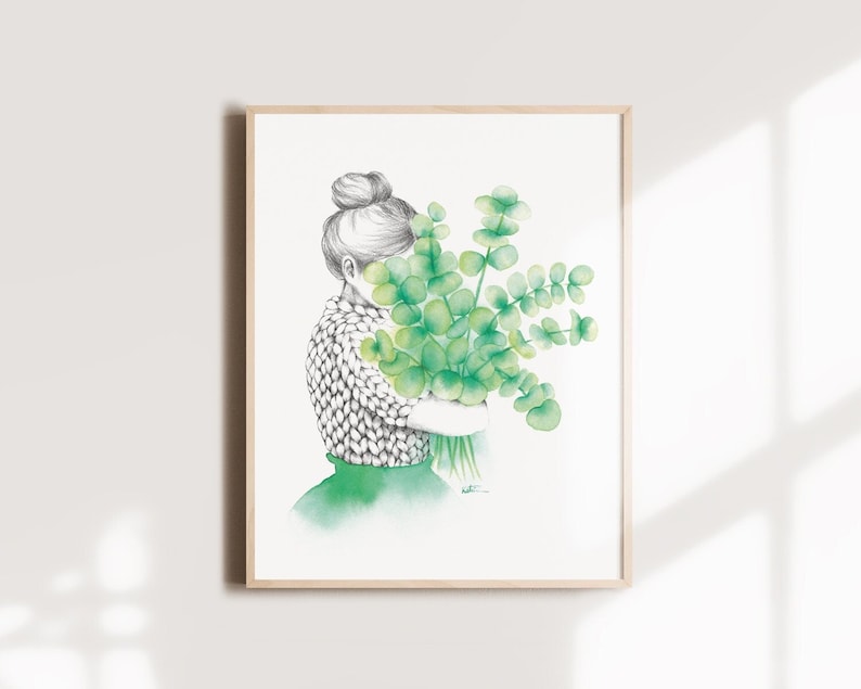 Affiche fille bouquet d'eucalyptus, illustration aquarelle tricot laine , art dessin , cadeau , décoration murale, Katrinn Pelletier image 1