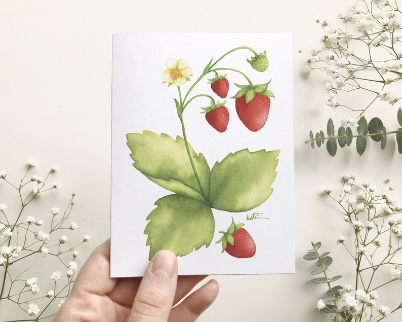Carte de souhait fraises sauvages , carte de voeux fraises rouge , illustration petits fruits baies, dessin art botanique, Katrinn Pelletier afbeelding 2