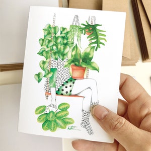 Carte de souhait femme passionnée de plantes d'intérieur, carte de voeux botanique, illustration aquarelle, anniversaire, Katrinn Pelletier Bild 4