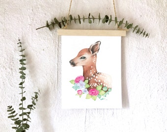 Baby deer poster / Watercolor baby deer illustration / Floral animal portrait / Children's room decoration / Drawing by Katrinn Pelletier