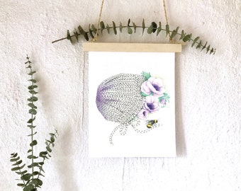 8x10 baby hat poster / Wool knitting illustration / Anemone flower drawing reproduction / Boho wall decoration / Katrinn Pelletier